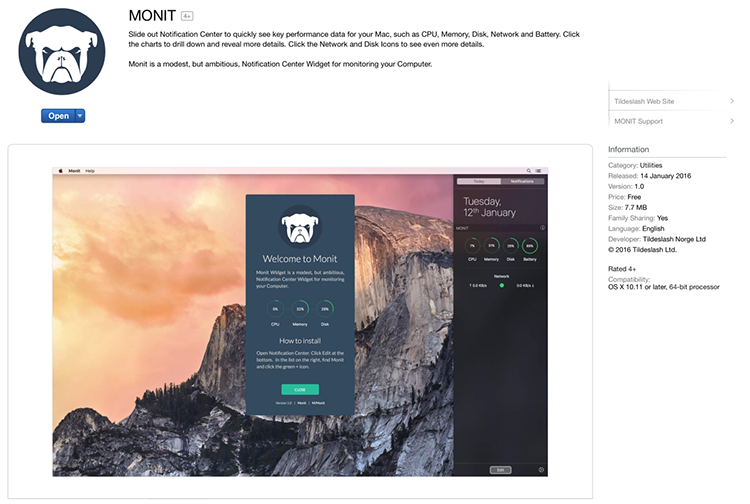 Hardware Monitoren - De pagina van Monit in de Mac App Store