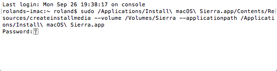 terminal commando om bootable installer disk te maken
